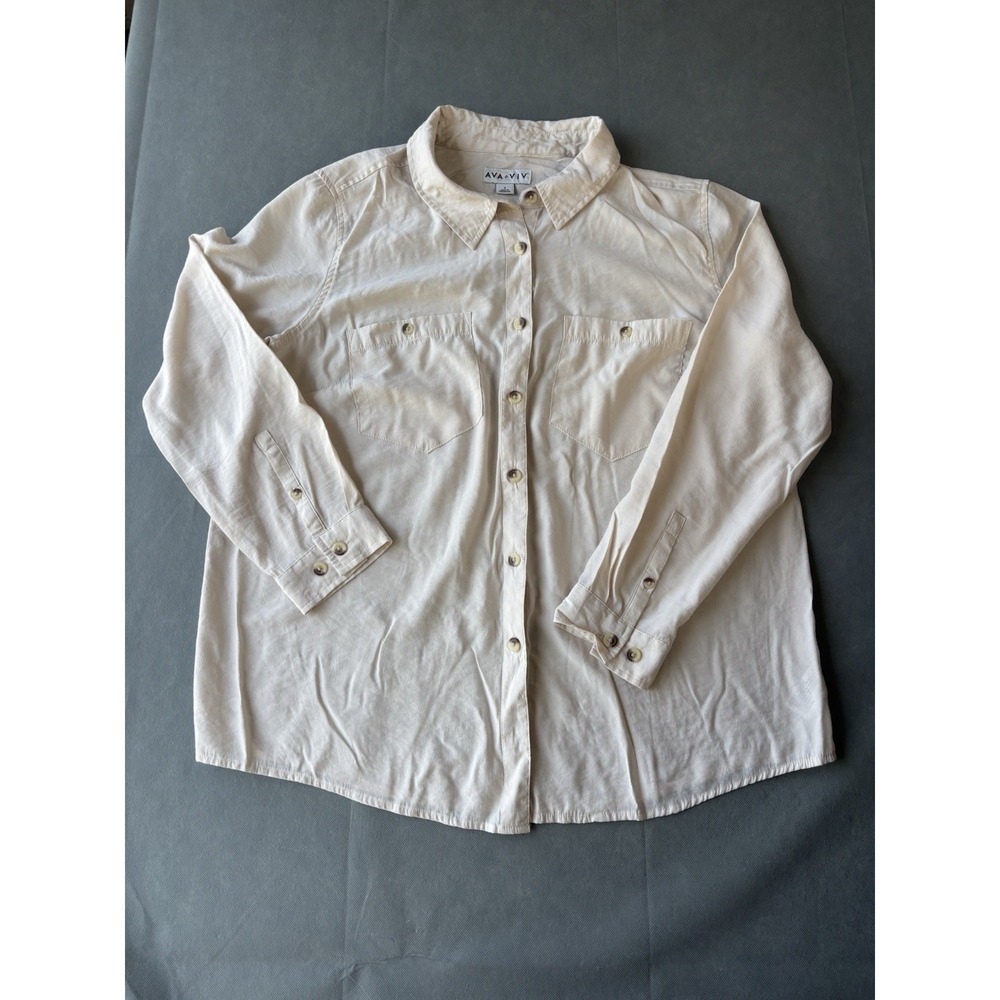 Ava & Viv Women's Sz X Collared Long Sleeve Pockets Dress Shirt Cream